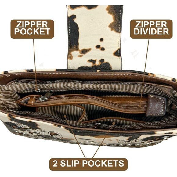 Western Cow Print Purse for Women - Brown Cowhide Crossbody with Conceal Carry - Picture 7 of 8